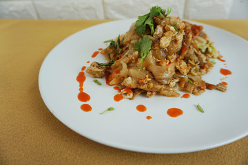 Thai street food, Fried noodle with chicken meat