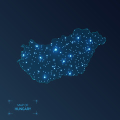 Hungary map with cities. Luminous dots - neon lights on dark background. Vector illustration.