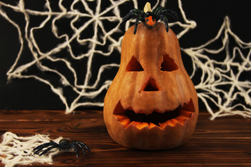 Halloween decoration. Pumpkin, Spiders, Web