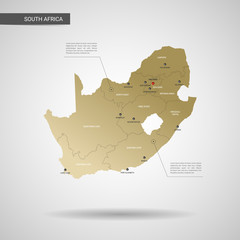 Stylized vector Republic of South Africa map.  Infographic 3d gold map illustration with cities, borders, capital, administrative divisions and pointer marks, shadow; gradient background. 