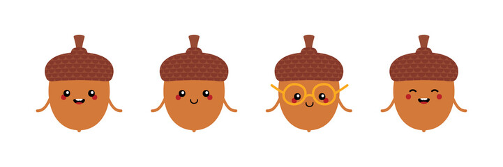Set, collection of cute and funny cartoon acorn characters for autumn, fall design.