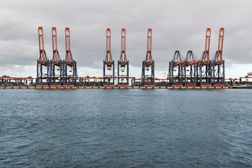 Container shipping terminal with industrial gantry cranes