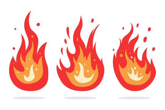 Fire flame vector cartoon icons set isolated on a white background.