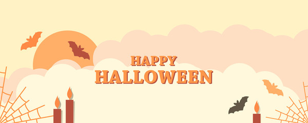 Happy Halloween, October 31st. Landscape with clouds and bats, cobwebs and lights. Festive greeting card, autumn color palette. Vector illustration