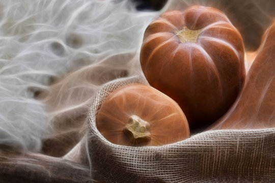 Fractal image of ripe autumn pumpkins in a canvas bag