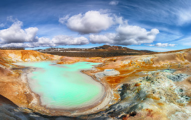 Exotic landscape of Acid hot lake with turquoise water in the geothermal valley Leirhnjukur