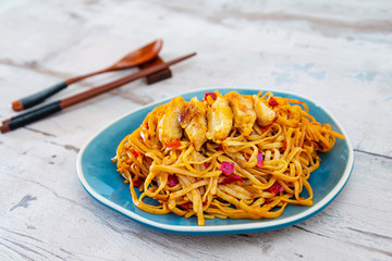 Vegetable noodles with chicken meat preparation