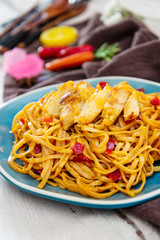 Vegetable noodles with chicken meat preparation
