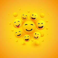 Various Smiling and Laughing Happy Emoticons in Front of a Yellow Background, Vector Concept Illustration