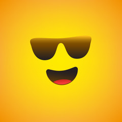 Smiling Emoji Face with Sunglasses  - Simple Shiny Happy Emoticon on Yellow Background - Vector Design