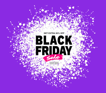 Black Friday sale banner. Purple color background. Splash white circle blots frame for sales and discounts. Template design. Drops grunge texture. Vector illustration