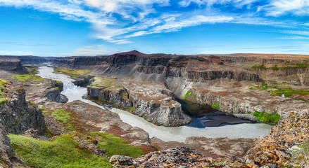 Fantastic  view of canyon  and waterfall Hafragilsfoss.