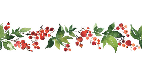 Christmas watercolor horizontal seamless pattern with holly berries - 292859073