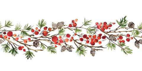 Christmas watercolor horizontal seamless pattern with fir tree branches, pine cones and holly berries - 292859077