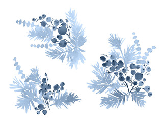 Collection of watercolor arrangements of Christmas evergreens. Spruce and berries in blue - 292859213