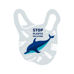 Concept Stop plastic pollution! Vector flat illustration for World Environment Day. A Dolphin swims in in a plastic bag with garbage - plastic, glass, straw, bottle, canister. Harm to nature. Banner d