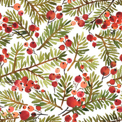 Watercolor Christmas and New Year seamless pattern with spruce and red holly berries