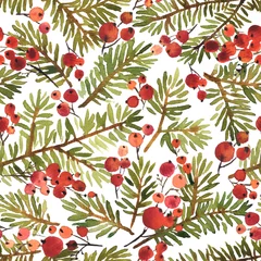 Gordijnen Waterverf Kerstmis en Nieuwjaar naadloos patroon met sparren en rode hulstbessen © IMR