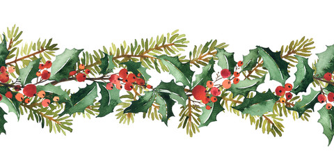 Naklejka na ściany i meble Christmas watercolor horizontal seamless pattern with holly berry and spruce