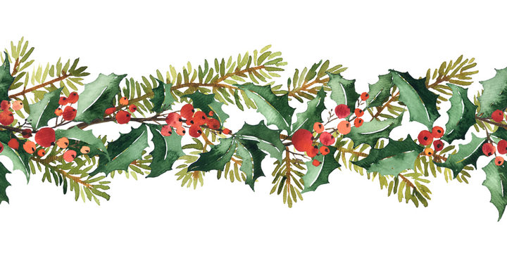 Christmas watercolor horizontal seamless pattern with holly berry and spruce