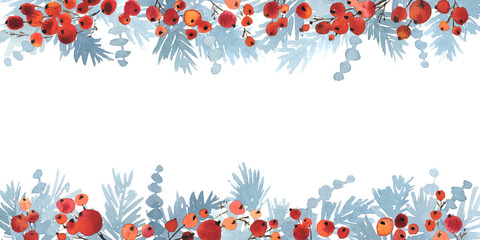 Watercolor Christmas horizontal arranging of spruce in blue and holly berries - 292859650