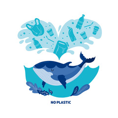 No plastic! Vector flat illustration for World Environment Day. A whale swims in sea with garbage - in water are plastic bag, glass, straw, bottle, canisters. Template Harm to nature.