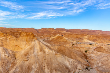 Desert landscape panorama at sunset