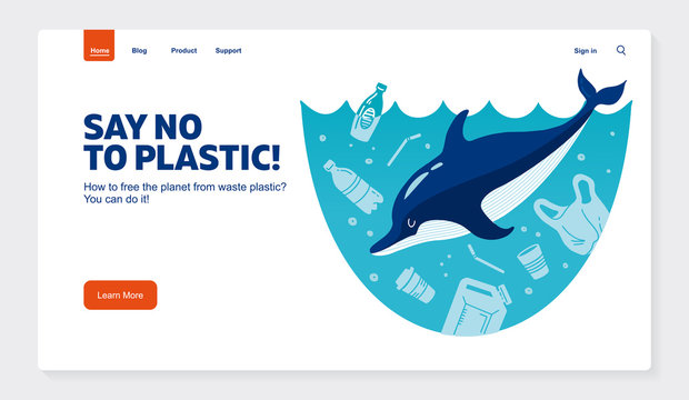 Website template No plastic! Vector flat illustration for World Environment Day. A Dolphin swims in sea with garbage - in water are plastic bag, glass, straw, bottle, canisters. Harm to nature.