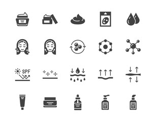 Skin care flat glyph icons set. Moisturizing cream, anti age lifting face mask, spf whitening gel vector illustrations. Signs for cosmetic product package. Silhouette pictogram pixel perfect 64x64
