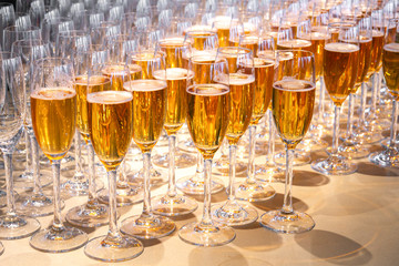a row of glasses filled with champagne are lined up ready to be served