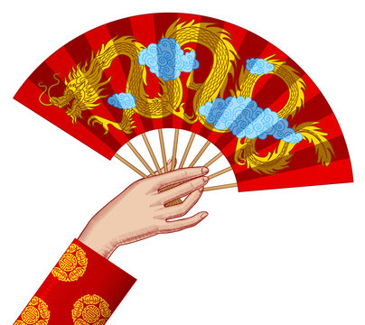 Female Hand Holds A Red Chinese Fan With A Gragon