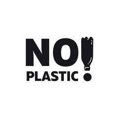 Logo No plastic! lettering quote to World Environment Day. Icon harm to nature. Phrase and exclamation mark in the form of a plastic bottle.