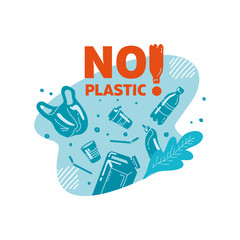 No plastic! Vector flat illustration for World Environment Day. Lettering in sea with garbage - in water are plastic bag, glass, straw, bottle, canisters. Harm to nature. design for banner, poster, we