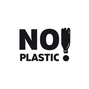 Logo No Plastic! Lettering Quote To World Environment Day. Icon Harm To Nature. Phrase And Exclamation Mark In The Form Of A Plastic Bottle.