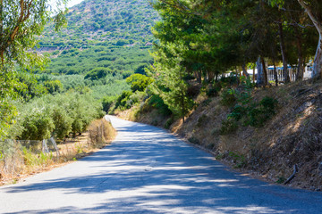 the paved village road goes into the mountains past olive groves