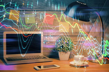 Multi exposure of chart and financial info and work space with computer background. Concept of international online trading.