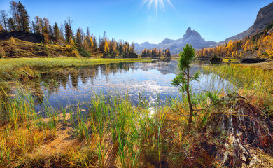 Wonderfull autumn view of  Lake Federa in Dolomites
