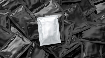 Blank white sachet packet on black big stack mockup