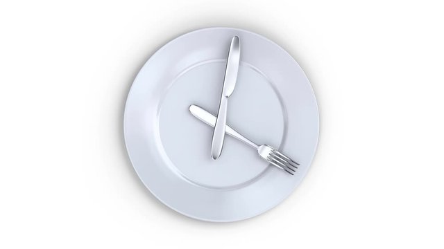 Healthy lifestyle concept. a plate with a clock. it's time to eat. White plate with knife and fork as a watch hand view from above