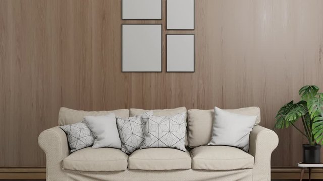 cosy modern style living room with sofa and wooden wall, zoom out shot, video 3D animation ultra HD 4K 3840x2160