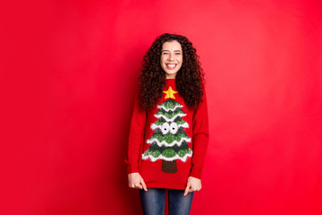 Portrait of funny funky cheerful positive girl get seasonal comfy sweater jumper with stylish...