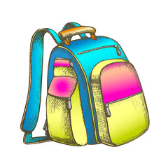 Modern Tourist Backpack Suitcase Color Vector. Standing Suitcase Bag For Trip Accessories. Tourism Sport Equipment For Hike Designed In Retro Style Illustration
