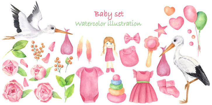 A set of Newborn girl elements, isolated object on the white background. Watercolor hand drawn illustration of .storks, flowers, baby clothes and toys. Pink color, cartoon character