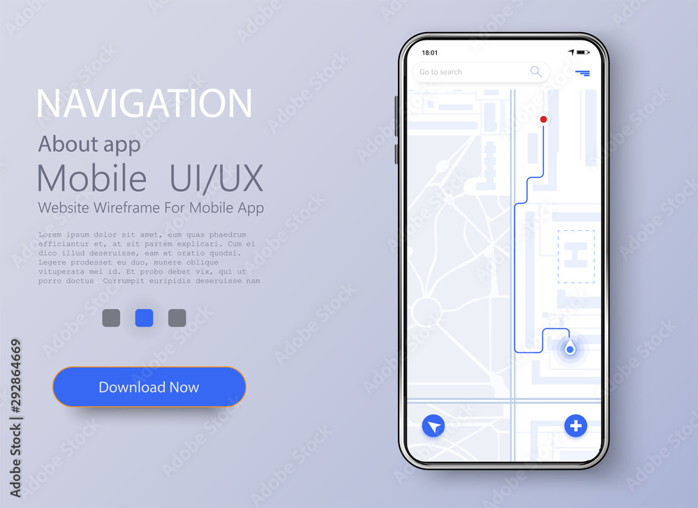 Poster Material Design UI, UX Screen, flat web icons for mobile apps. Dashboard theme creative infographic of city map navigation. Vector illustration