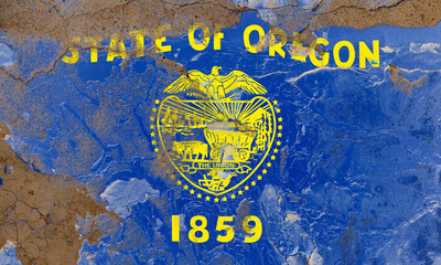 Oregon grunge, damaged, scratch, old style state flag on wall.
