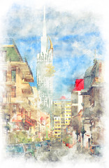 Fototapeta na wymiar Digital illustration in watercolor style of narrow street of the old city in the center of Batumi with Batumi Tower at the and, Georgia