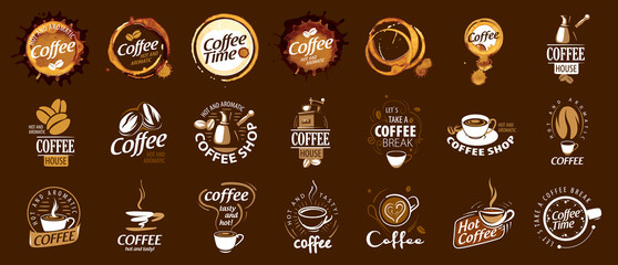 Set of coffee logos. Vector illustration on brown background - obrazy, fototapety, plakaty