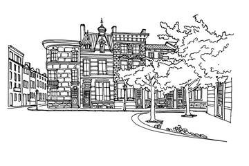 Vector sketch of  street scene in Zurenborg  district, Antwerpen, Belgium.