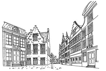 Vector sketch of Traditional architecture in the town of Ghent, Belgium