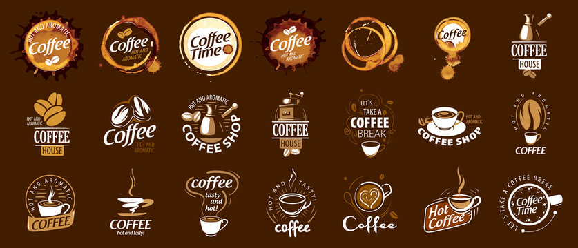 Set of coffee logos. Vector illustration on brown background
